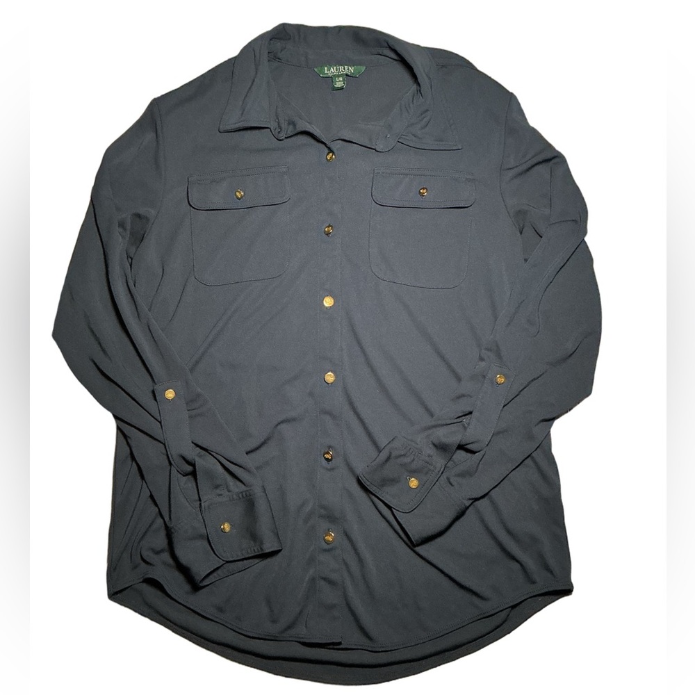 Lauren Ralph Lauren button-down shirt in navy with gold-tone buttons. Size L.